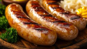 Three sausages on a wooden cutting board with vegetables photo
