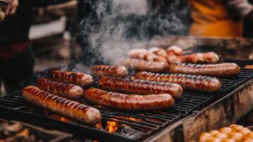 salchichas en un parrilla con personas Cocinando ellos foto
