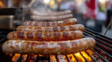salchichas Cocinando en un parrilla con personas en el antecedentes foto