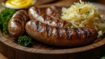 Grilled sausages on a wooden plate with mustard photo
