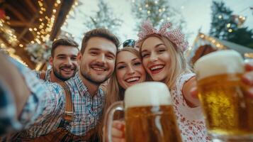 Four friends enjoying beer at an outdoor event photo