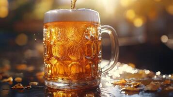 Beer pouring into a glass on a table photo