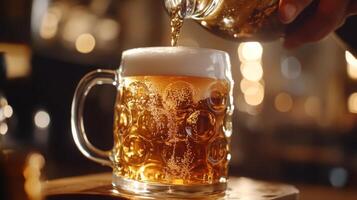 A person pours beer into a glass of beer photo