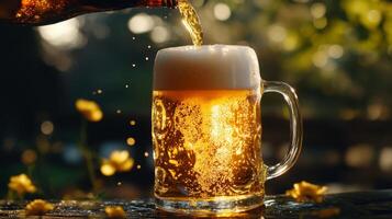 Beer pouring into a glass on a wooden table photo