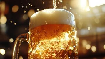A beer is being poured into a glass photo