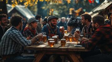 A group of people sitting at a table with beer photo