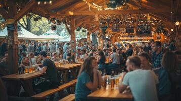 People sitting at tables in a beer garden photo