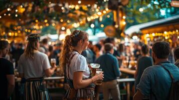 A woman holding a beer glass at an outdoor event photo