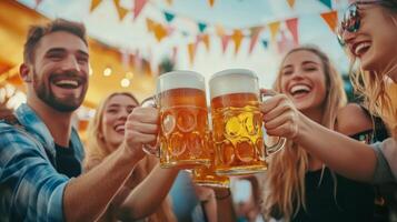 Group of friends toasting beer at outdoor party photo