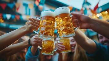A group of people toasting with beer glasses photo