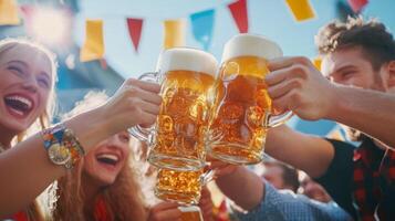 People toasting with beer at an outdoor event photo