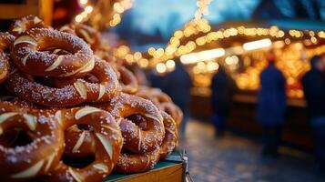 A bunch of pretzels are on display at a christmas market photo