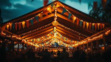 A tent with lights and bunting hanging from the ceiling photo