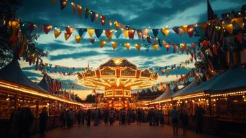 A carnival ride is shown at dusk with people walking around photo