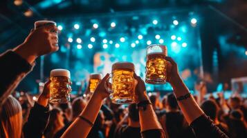 People holding up beer glasses at a concert photo