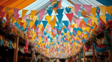 A colorful tent with bunting and streamers photo