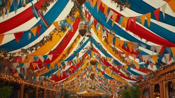 A colorful tent with bunting and flags hanging from the ceiling photo