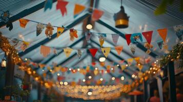 A room with bunting and lights hanging from the ceiling photo