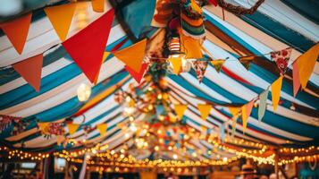 A tent with colorful bunting and lights photo