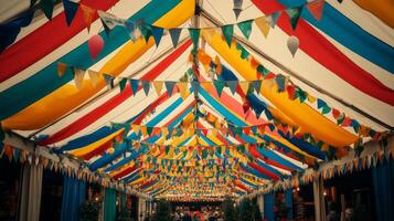 A colorful tent with bunting and flags photo