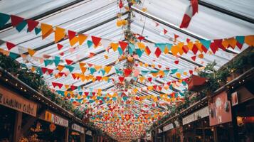 A colorful market with bunting and flags photo