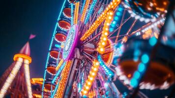 A ferris wheel at night with colorful lights photo