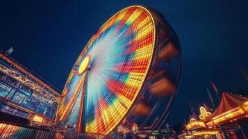 A ferris wheel at night with bright lights photo