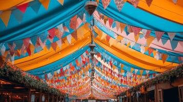 A colorful tent with bunting hanging from the ceiling photo