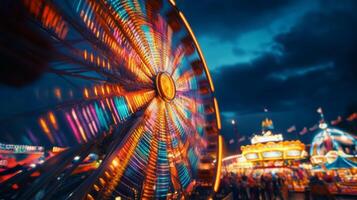A ferris wheel at night with bright lights photo