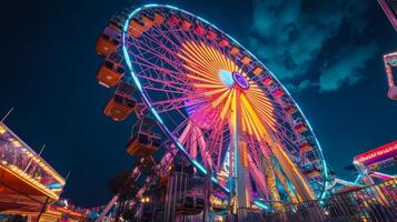 A ferris wheel at night with bright lights photo