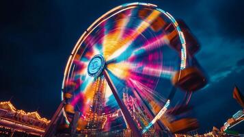 A ferris wheel at night with bright lights photo
