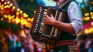 A man in traditional clothing plays an accordion photo