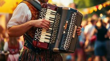 A man in a traditional costume plays an accordion photo