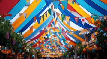 A colorful tent with bunting and decorations photo