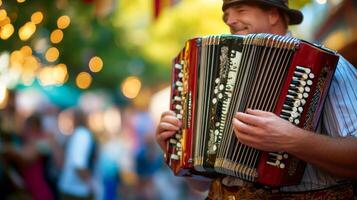 A man is playing an accordion in a street photo