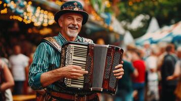 An old man playing an accordion at a festival photo