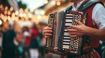 A man in a red shirt playing an accordion photo