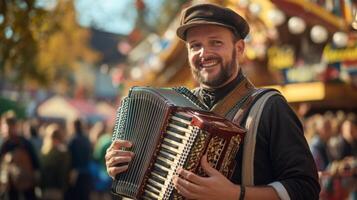 A man is holding an accordion in front of a crowd photo