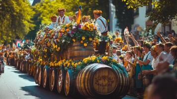 A float with people in costumes riding on it photo