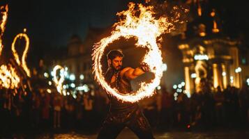 A man with fire in his hands at night photo