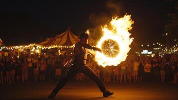 A man with a fire wheel in front of a crowd photo