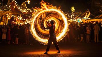 A man is performing with fire at night photo