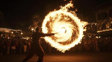 A man with a fire ring in front of a crowd photo