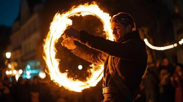 A man with a fire ring in the middle of a crowd photo