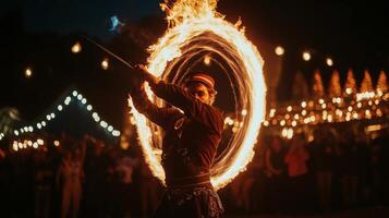 A man with fire in his hands at night photo