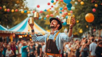 A man in an apron holding up two beer mugs photo