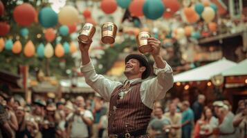 A man in a suit holding up two cans of beer photo