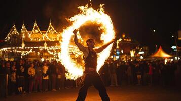 A man with fire in his hands at night photo