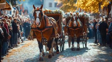 Two horses pulling a carriage down a cobblestone street photo