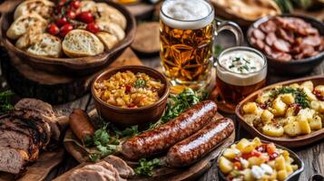 Various foods and drinks on a wooden table photo